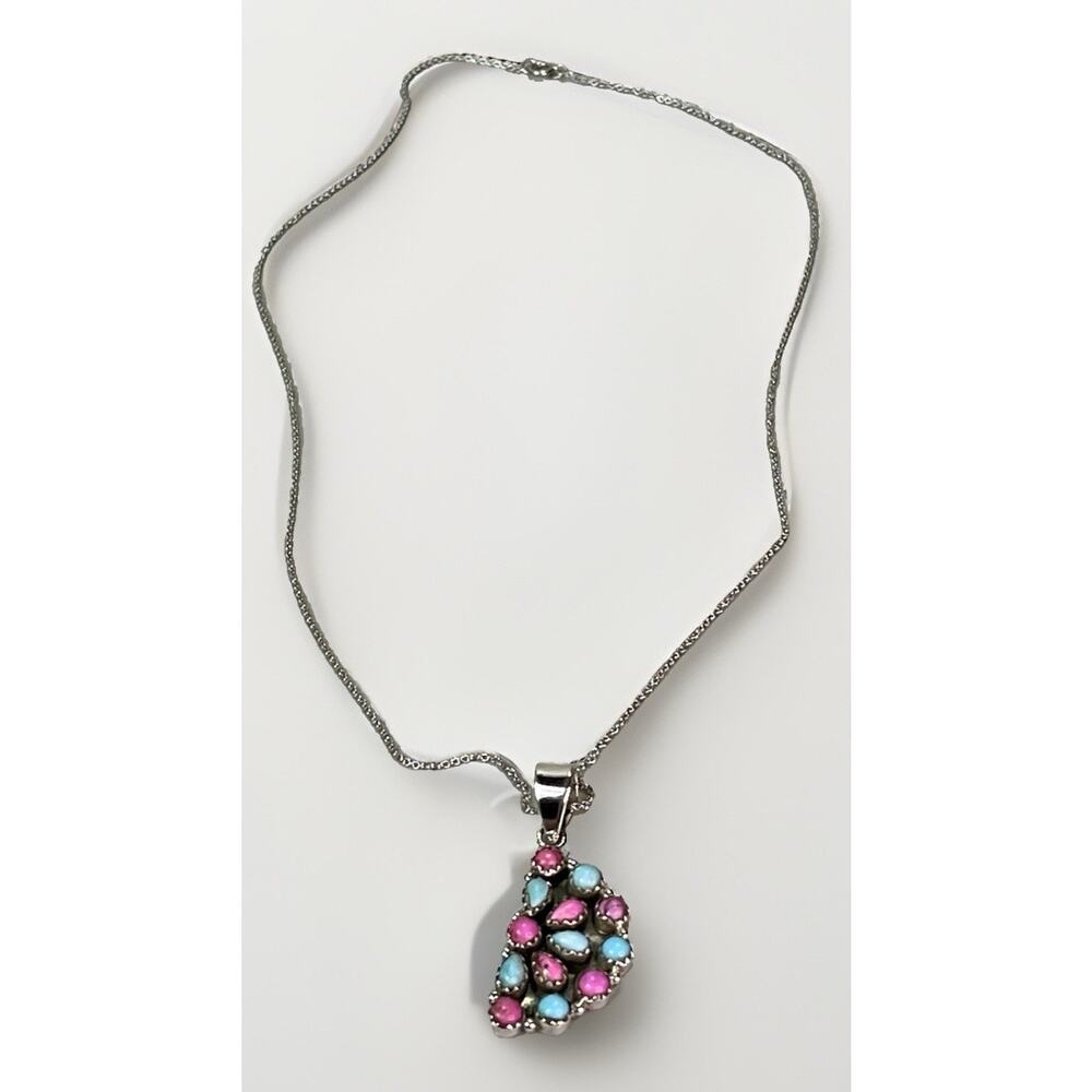Southwest Sterling Silver Cotton Candy Turquoise Cluster Pendant Necklace